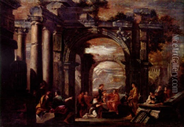 Ruinlandskap Med Figurscen (frambarandet I Templet?) Oil Painting - Giovanni Ghisolfi