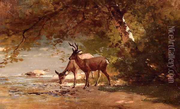 Deer in a Landscape Oil Painting - Thomas Hill