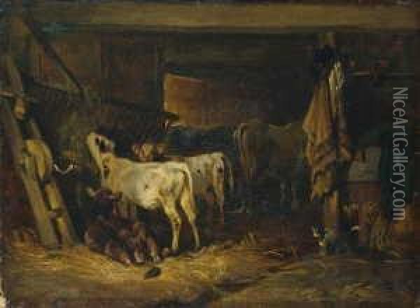 Rinder Im Stall. Oil Painting - Friedrich Johann Voltz