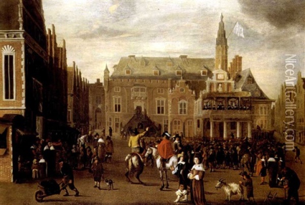 Vue De La Grand-place A Haarlem Oil Painting - Cornelis Beelt