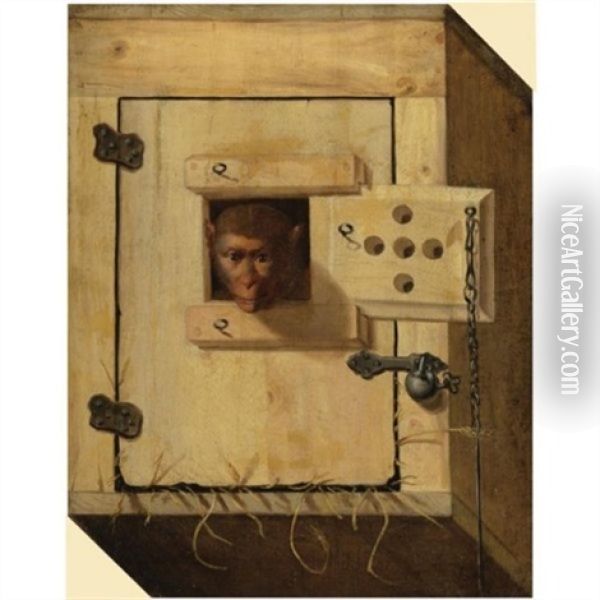 Trompe L'oeil Of A Capuchin Monkey In His Crate (the Cheeky Monkey) Oil Painting - Franz Roesel von Rosenhof