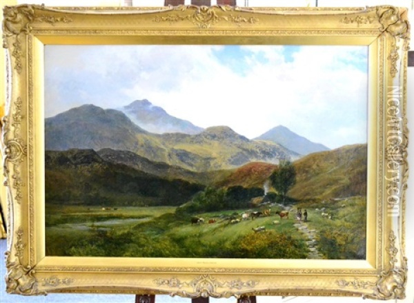 A Scene In North Wales With Figures And Cattle Oil Painting - George Shalders