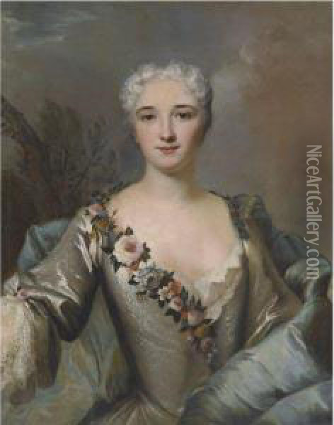 Portrait Of A Lady, Half Length In A Landscape, Wearing A Silverdress With A Floral Wreath Oil Painting - Louis Tocque