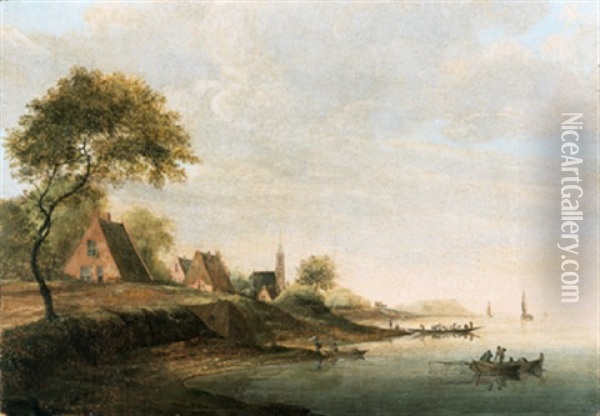 Dorf An Einem Fluss Mit Fischern Im Vordergrund Oil Painting - Christian Zepp