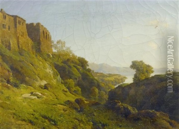 Seeblick Mit Einer Ruine Im Vordergrund Oil Painting - Alfred Chavannes