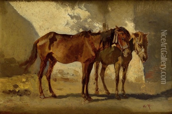 Zwei Pferde Oil Painting - August Xaver Carl von Pettenkofen