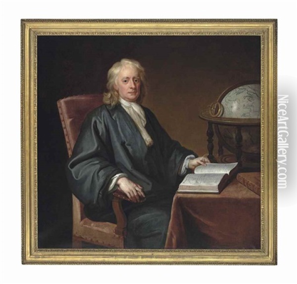 Portrait Of Sir Isaac Newton, Kt. (1642-1727), Three-quarter-length, In A White Cravat And Green Cloak, Seated At A Table With A Copy Of<br/>the Principia<br/>and An Astrological Globe Oil Painting - Enoch Seeman