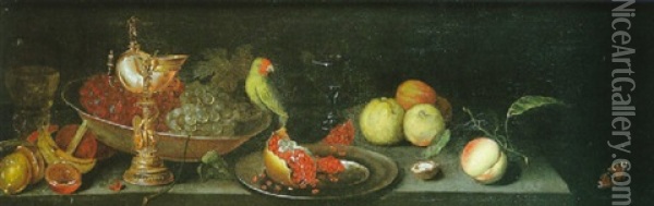 Nature Morte Au Vase Nautile, Plat De Raisins, Fruits Et Perroquet Sur Un Entablement Oil Painting - Michiel Simons