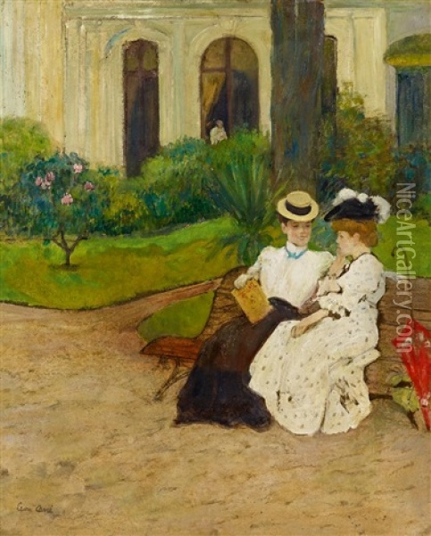 Zwei Damen Im Gesprach Auf Der Gartenbamk Oil Painting - Leon Carre