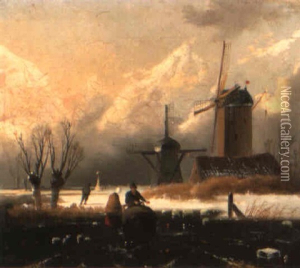 Figures In A Frozen River Landscape Oil Painting - Andreas Schelfhout