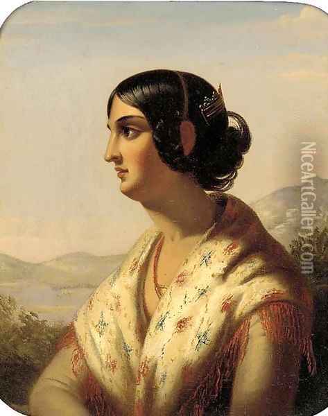 Portrait of a lady, bust length, in profile, a shawl draped over her shoulders, in an Italianate landscape Oil Painting - English School