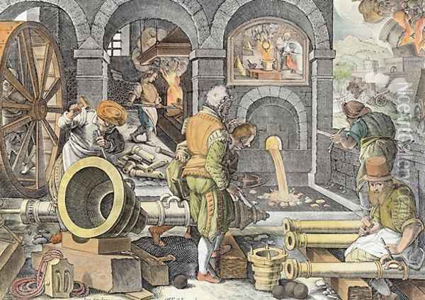 The Invention of Gunpowder and the First Casting of Bronze Cannon, plate 4 from Nova Reperta New Discoveries engraved by Philip Galle 1537-1612 c.1600 2 Oil Painting - Giovanni Stradano