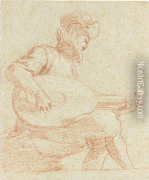 Study Of A Seated Youth Playing A Lute
Verso Oil Painting - Bartolomeo Cesi