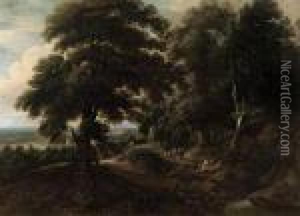 A Wooded Landscape With Travellers On A Track Oil Painting - Jaques D'Arthois