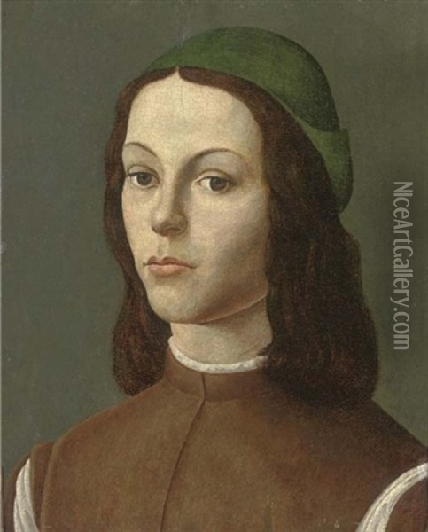 Portrait Of A Youth, Bust-length, Wearing A Green Cap And A Brown Doublet Oil Painting - Sandro Botticelli