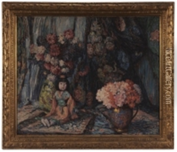 Still Life With Chrysanthemums And An Asian Doll Oil Painting - Maude Drein Bryant