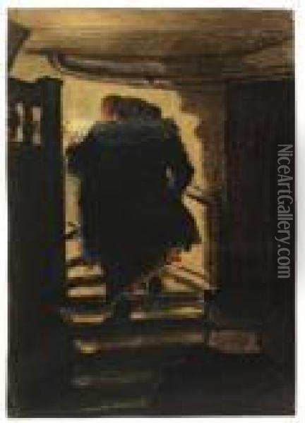 Freier Auf Der Treppe Oil Painting - Heinrich Zille