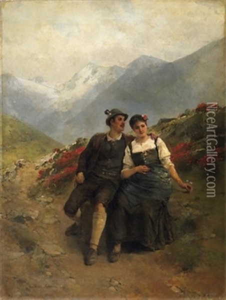 Das Stelldichein. Verliebtes Paar In Hochgebirgslandschaft Oil Painting - Mathias Schmid