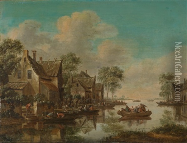 Ein Dorf An Einem Fluss Mit Booten Und Vielen Figuren Oil Painting - Thomas Heeremans