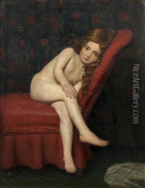 Petite Fille Se Reposant Sur Un Fauteuil Rouge Oil Painting - Hermann Hirsch