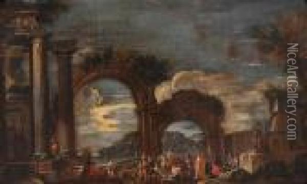 Paesaggio Con Scena Di Predicazione Fra Architetture Romane Oil Painting - Giovanni Ghisolfi
