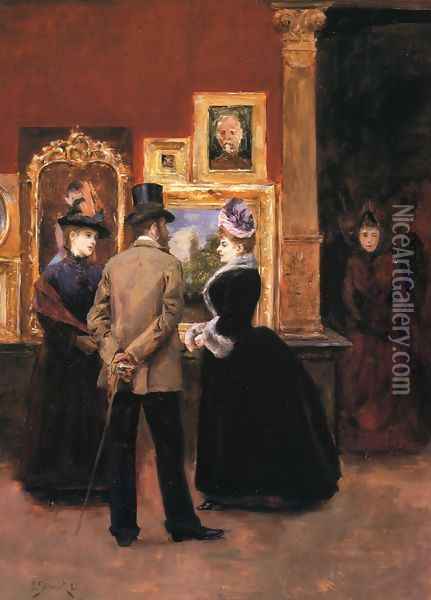 Ladies with a Gentleman in a Top Hat Oil Painting - Julius LeBlanc Stewart