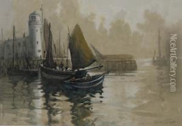 Fishing Boats Off The Lighthouse Scarborough Oil Painting - Harry Wanless