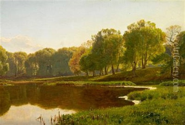 June Evening By The Himmelbjerg Lake Oil Painting - Janus la Cour