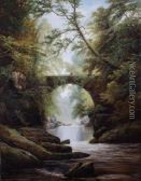 A View Of A Bridgeover A Rocky River Gorge Oil Painting - William Mellor