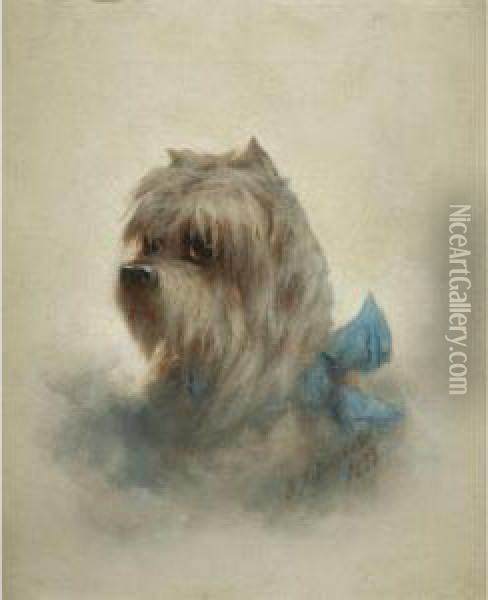 Portrait Of A Terrier With Blue Bow Oil Painting - Franklin Briscoe