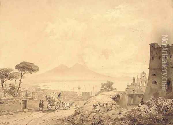The Bay of Naples from Castel Sant'Elmo, Vesuvius seen in the distance Oil Painting - Johann Ulrich Mayr