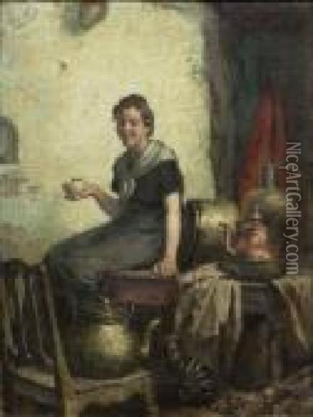 [jeune Femme Et Chaton.] Oil Painting - Frans Meerts