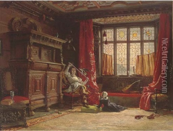 A Cavalier In A Darkened Interior, A Bird On His Sword Oil Painting - William Collingwood