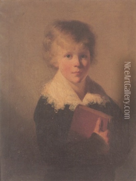 Portrait Of John William Peters Wearing A Blue Jacket, And White Lace Collar, And Holding A Book Oil Painting - Rev. Matthew William Peters