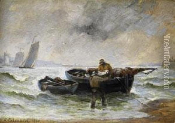 Zwei Fischer Beim Entladen Eines Bootes Mit Eingerollten Segeln Oil Painting - Andreas Achenbach