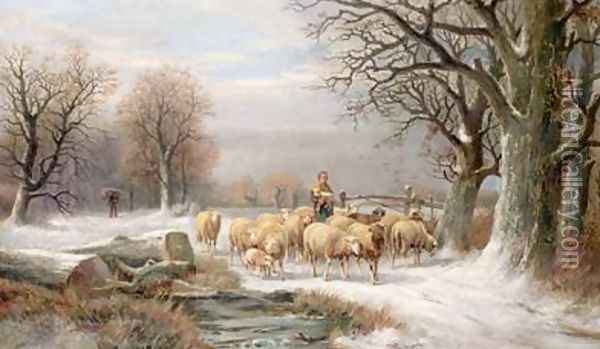 Shepherdess with her Flock in a Winter Landscape Oil Painting - Alexis de Leeuw
