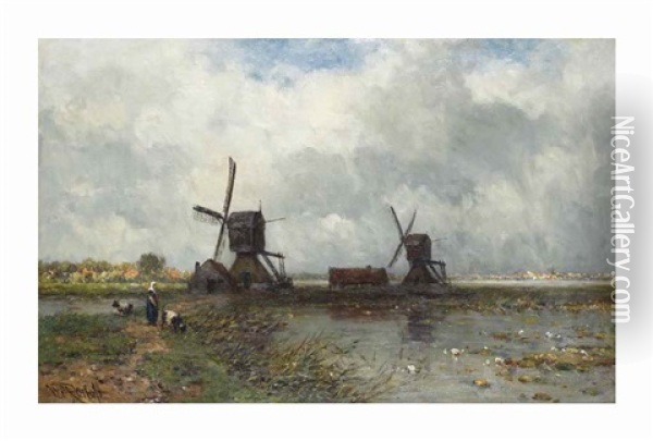 Windmills In A Dutch Polder Landscape Oil Painting - Willem Roelofs