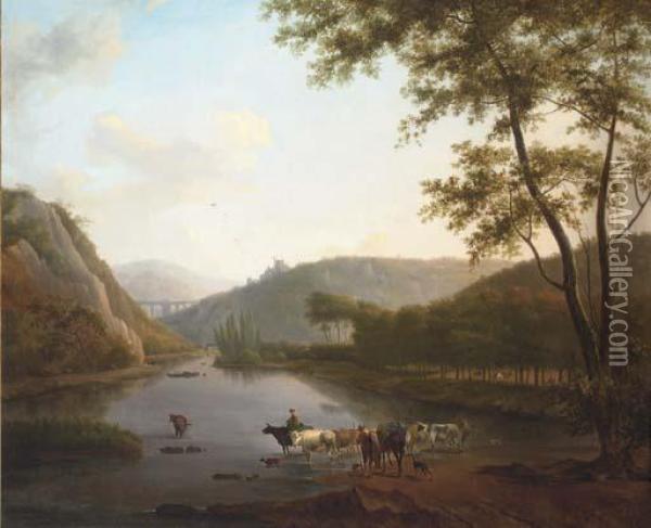 A Wooded River Landscape, With Cattle Watering, A Viaduct And Townbeyond Oil Painting - Joseph Julien