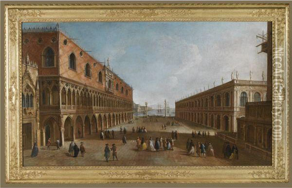 Venice, A View Of The Piazzetta Looking South With The Palazzoducale And The Biblioteca Marciana Opposite, With The Base Of The Campanile Oil Painting - Francesco Albotto