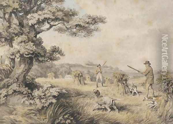 Huntsmen and dogs shooting over a cornfield Oil Painting - Samuel Howitt