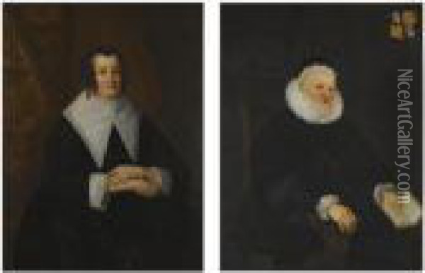 Portraits Of Sir Randolph Crewe;
 And His Wife Julia Fasey, Lady Crewe, Both Three-quarter Length, Seated
 In Black Robes Oil Painting - Sir Peter Lely