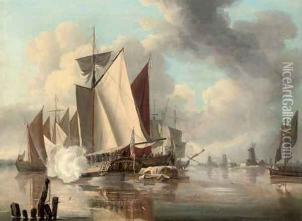 The Trinity Yacht firing a salute, a view of the Thames estuary beyond Oil Painting - John Thomas Serres