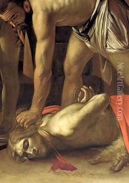 The Decapitation of St. John the Baptist, 1608 (detail-3) Oil Painting - Caravaggio