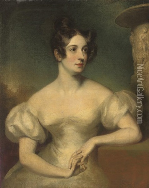 Portrait Of A Lady, In An Oyster Satin Dress, Seated By A Stone Urn, A Landscape Beyond Oil Painting - Thomas Lawrence