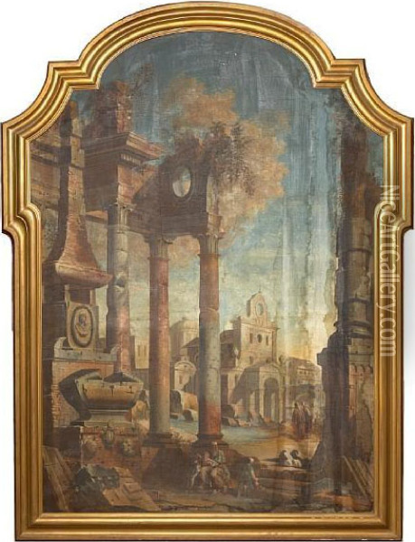 A Capriccio Landscape With Figures By Ruins In The Foreground Oil Painting - Pietro Paltronieri Il Mirandolese