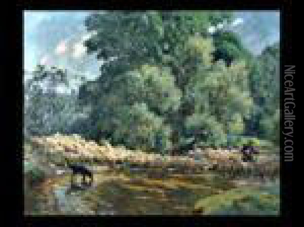 Der Hirte Und Seine Schafherde Am Flusslauf Oil Painting - Hans von Hayek