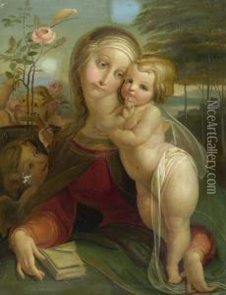 Madonna And Child Before A Landscape Encircled By Angels. Oil Painting - Franz Anton Stecher
