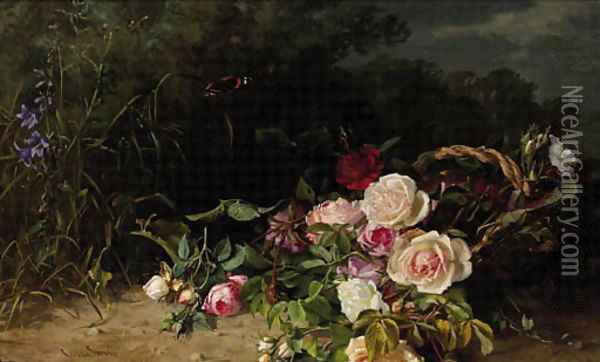 A forest landscape with roses in a wicker basket Oil Painting - Clara Von Sivers