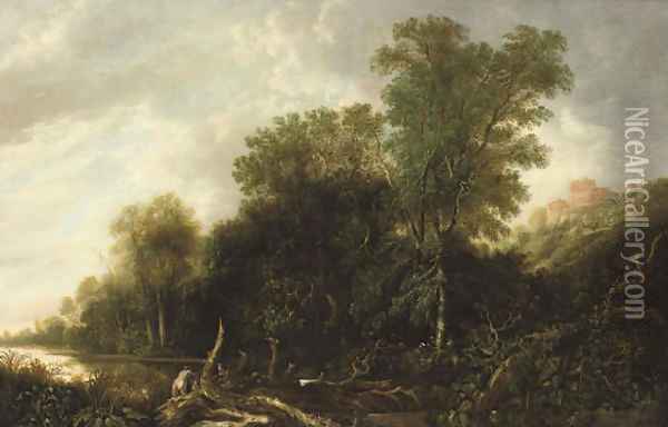 A wooded landscape with nymphs bathing in a river Oil Painting - Francis Van Knibbergen
