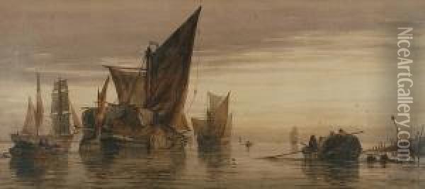 Boats In An East Coast Harbour Oil Painting - Richard Henry Nibbs